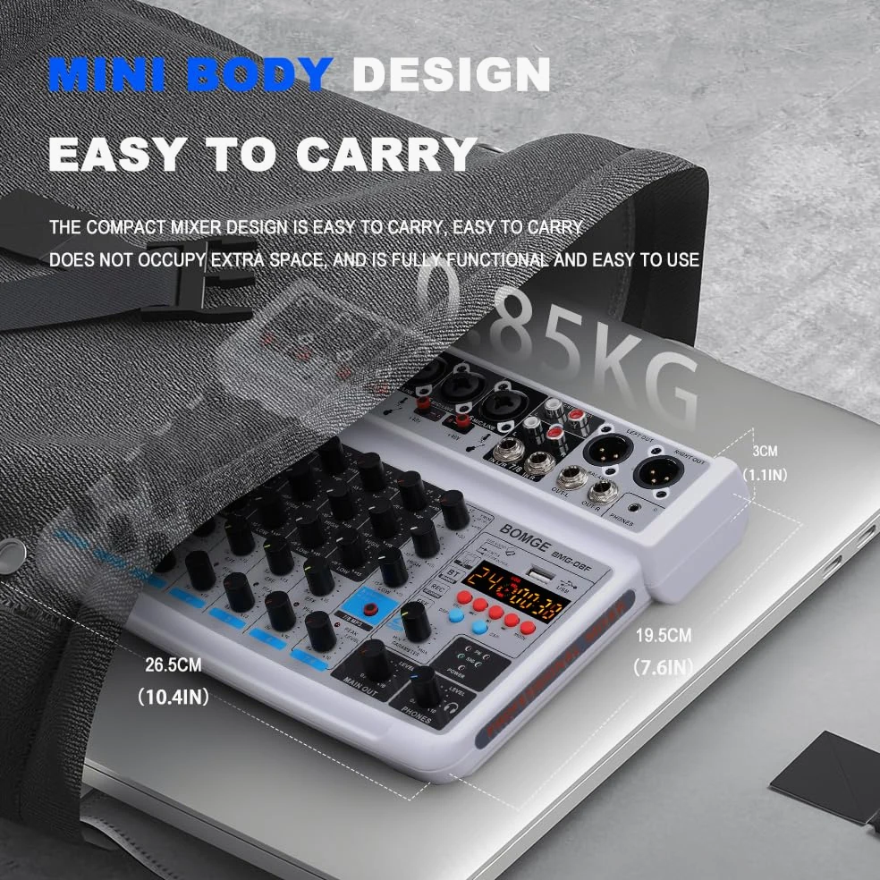 BOMGE Mini Mixeur Audio 8 Canaux, DC 5 V, MP3 Lecteur, Bluetooth, U Disque 48 V, 24DSP Effets, Enregistrement USB, Idéal pour Petits Clubs ou Bars, Studio Enregistrement