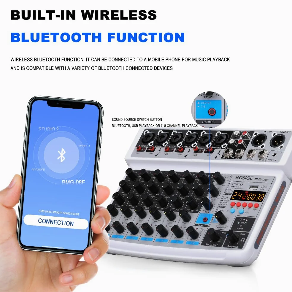 BOMGE Mini Mixeur Audio 8 Canaux, DC 5 V, MP3 Lecteur, Bluetooth, U Disque 48 V, 24DSP Effets, Enregistrement USB, Idéal pour Petits Clubs ou Bars, Studio Enregistrement
