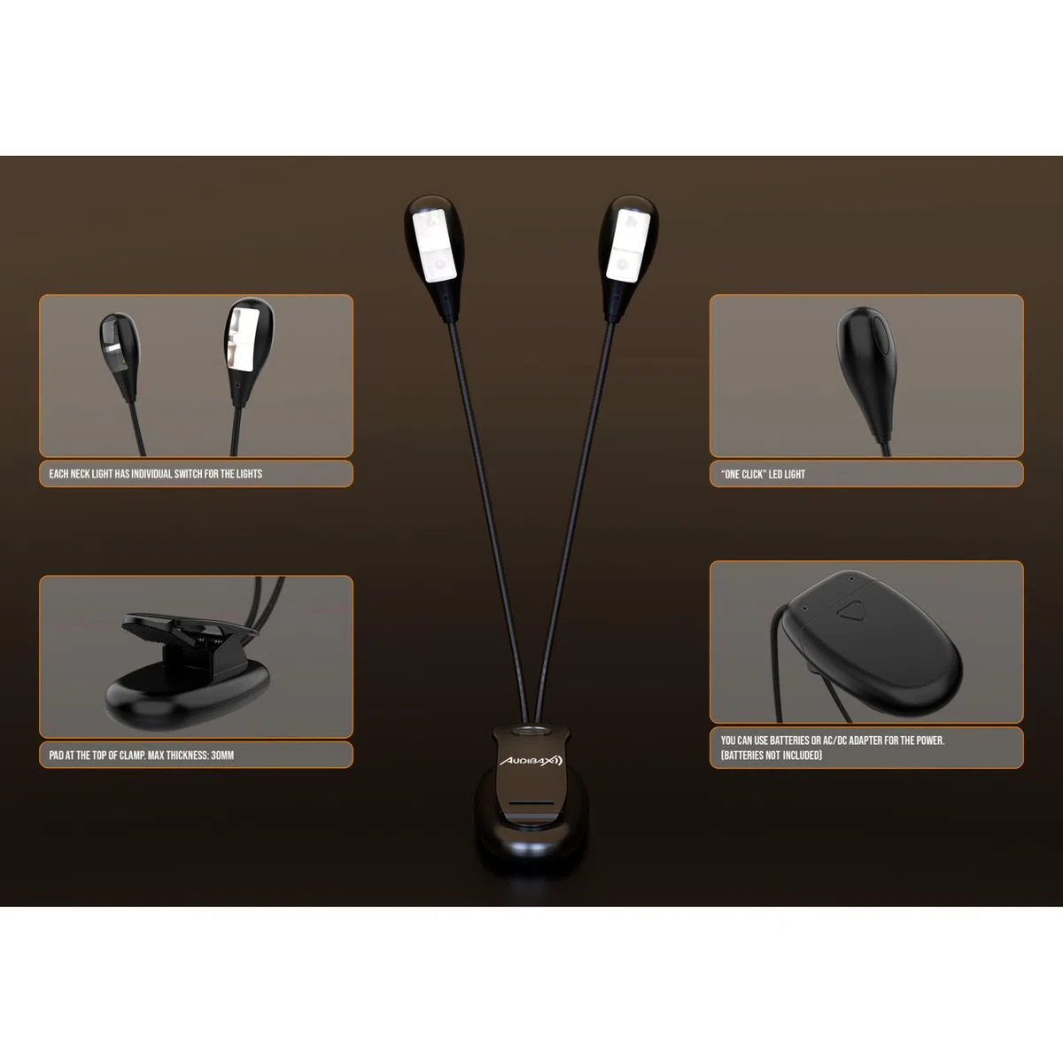 Audibax Niza 4 – Lampe Double Pupitre – Lampe pour Partitions Alimentée par Batterie – Réglage Individuel de l'Intensité – Connectivité Filaire AC/DC – Lampe de Piano pour le Soin des Yeux