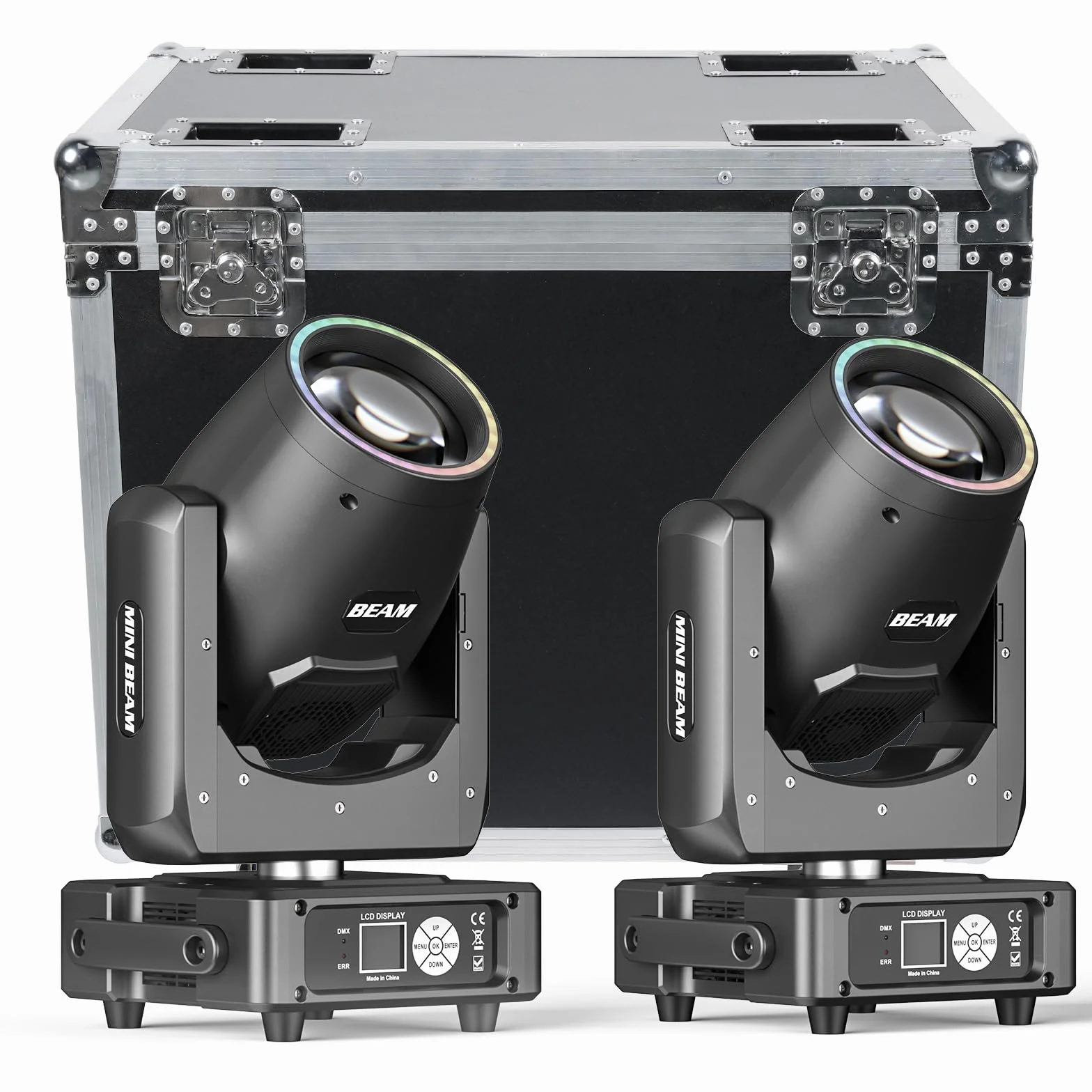 2PCS Lyre LED avec flight case Mini 230W 7R Beam Lampe de scène Moving Head 13 couleurs 14 Gobos Jeu de Lumiere pour Disco Club Bar Mariage Noël Projecteurs Lumineux