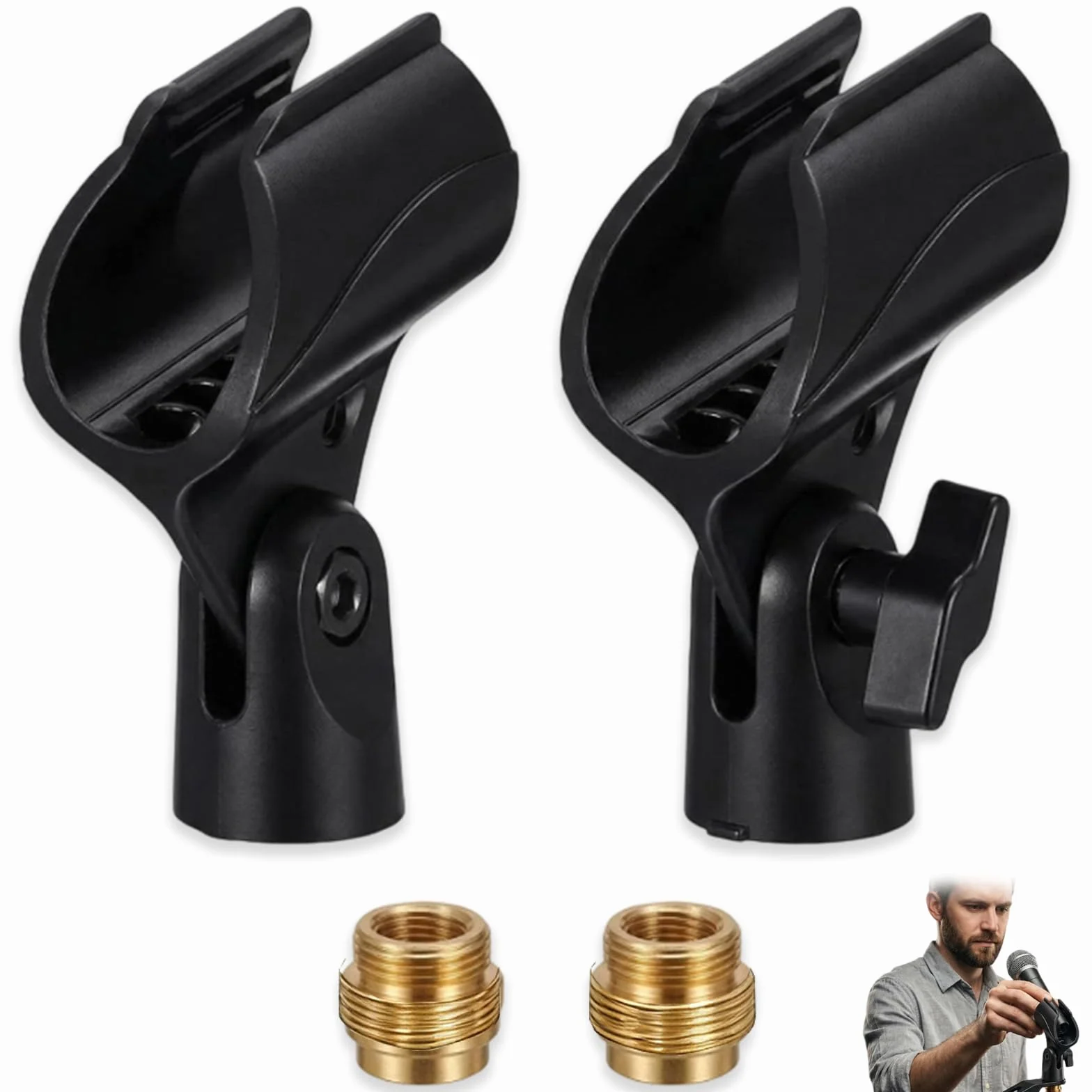 Supports de Microphone Universel Lot de 2, Clip Réglable 180° Antidérapant, Adaptateur 5/8" vers 3/8", Pince Microphone Noir