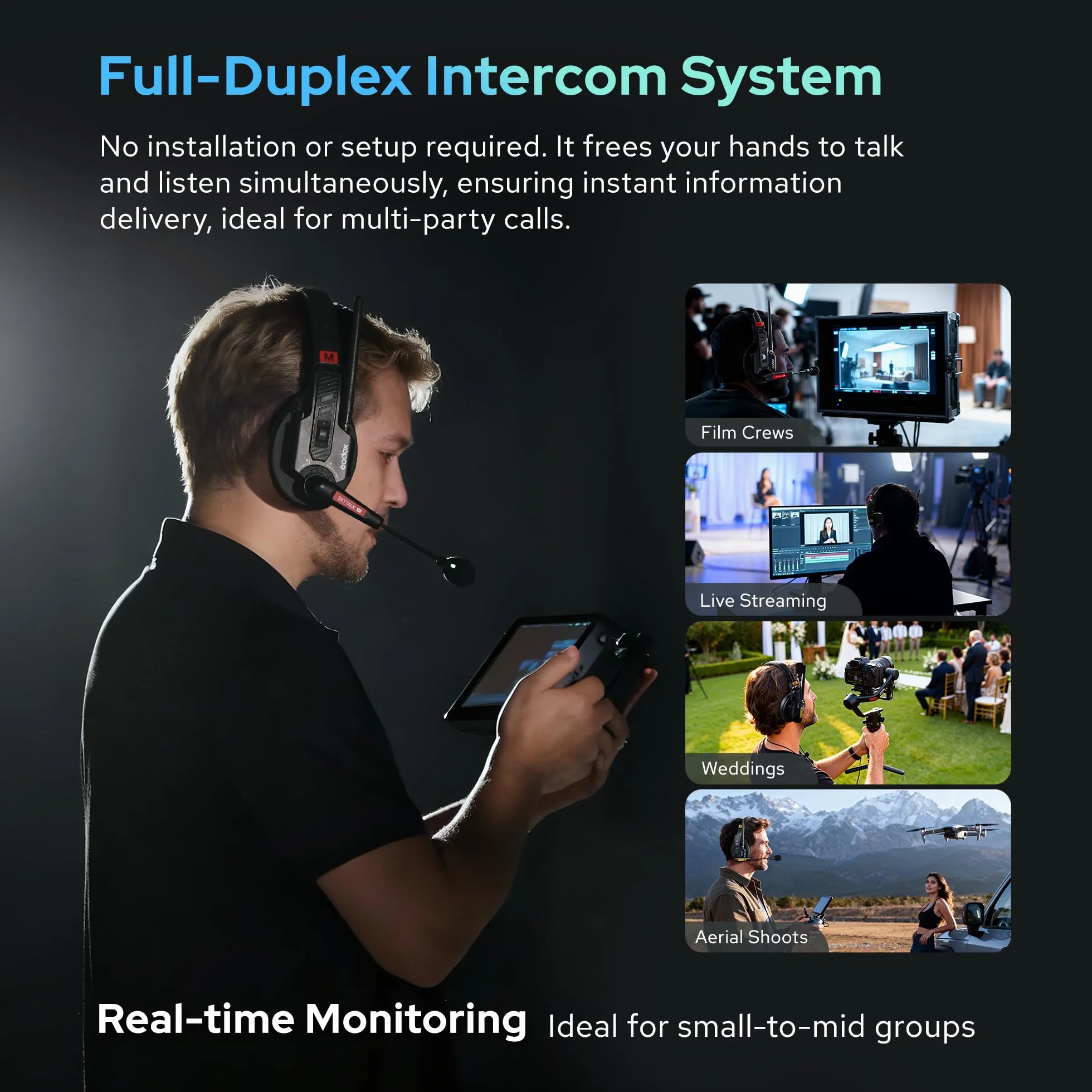 GODOX Skytalk Air 5S Système de Casque interphone sans Fil 2,4 GHz | duplex intégral pour la communication de groupe avec conception anti-bruit, autonomie de 20H, portée de transmission de 500m
