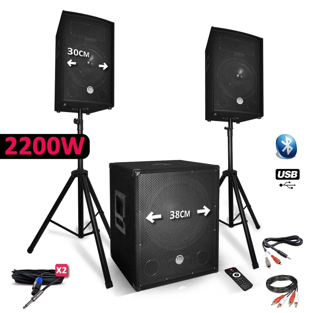 Kit Pack Sono BM Bmsonic 1512 2200W Enceintes + Subwoofer USB/Bluetooth + Pieds + Lumière Derby