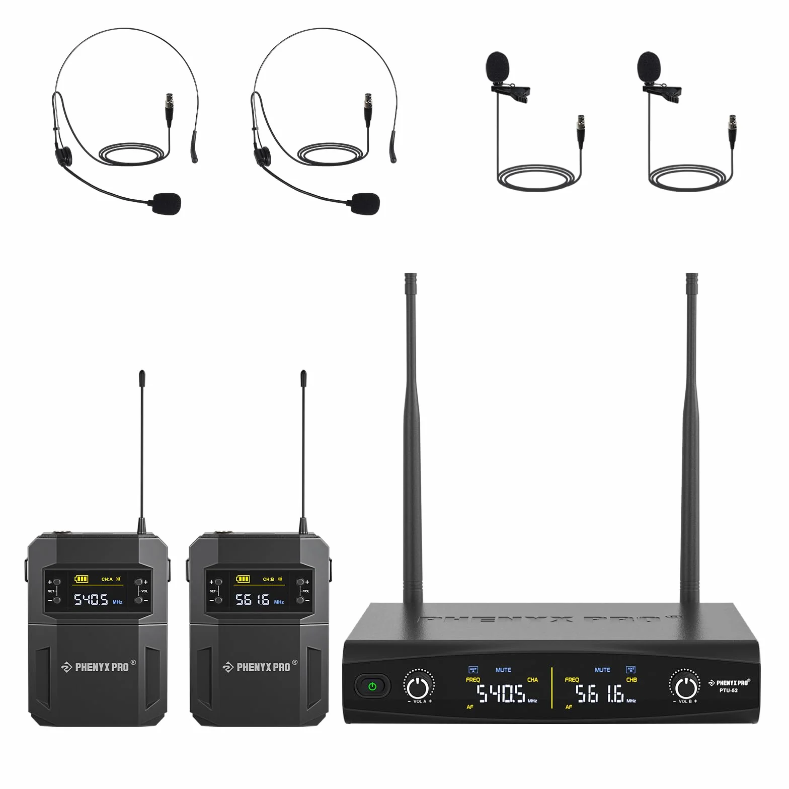 Phenyx Pro Système de Microphone sans Fil UHF avec 2x30 fréquences, Ensemble de micros sans Fil en métal, 2 Packs de Corps et Casques/Microphones à Revers pour Karaoke, Chant, église, DJ (PTU-52-2B)