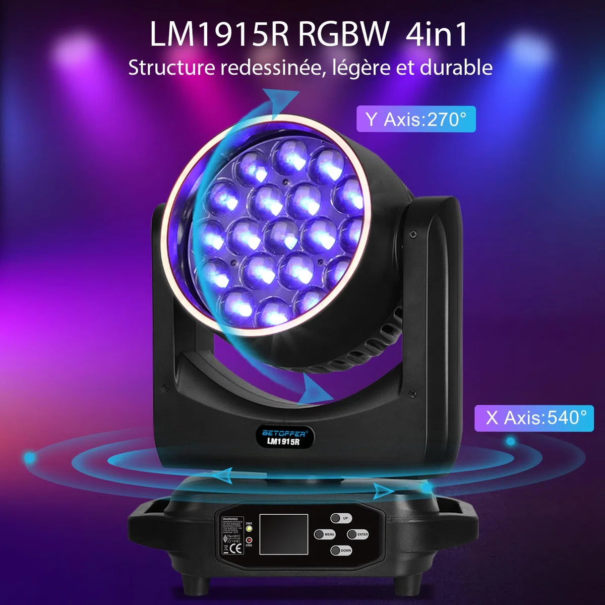 BETOPPER Lumière de Scène Lyre LED Moving Head Lampe 19x15W RGBW DMX 4 en 1 Éclairage de Scène Projecteur DJ avec Effets de Bande Lumineuse, Mariages, Fêtes, Clubs (Onesize)