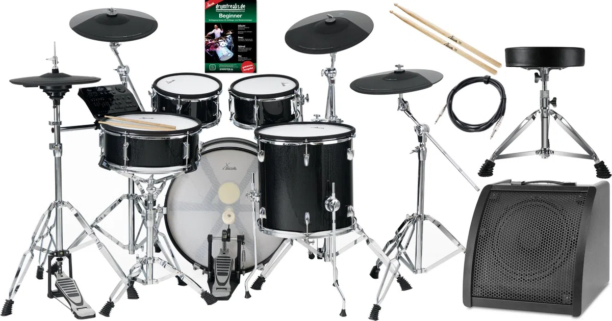 XDrum DD-670 Mesh E-Drum Kit - batterie électronique avec vraie HiHat - pads en bois avec peaux mesh - 720 sons - incluant hardware, tabouret, monitor, câbles et baguettes - Black Sparkle