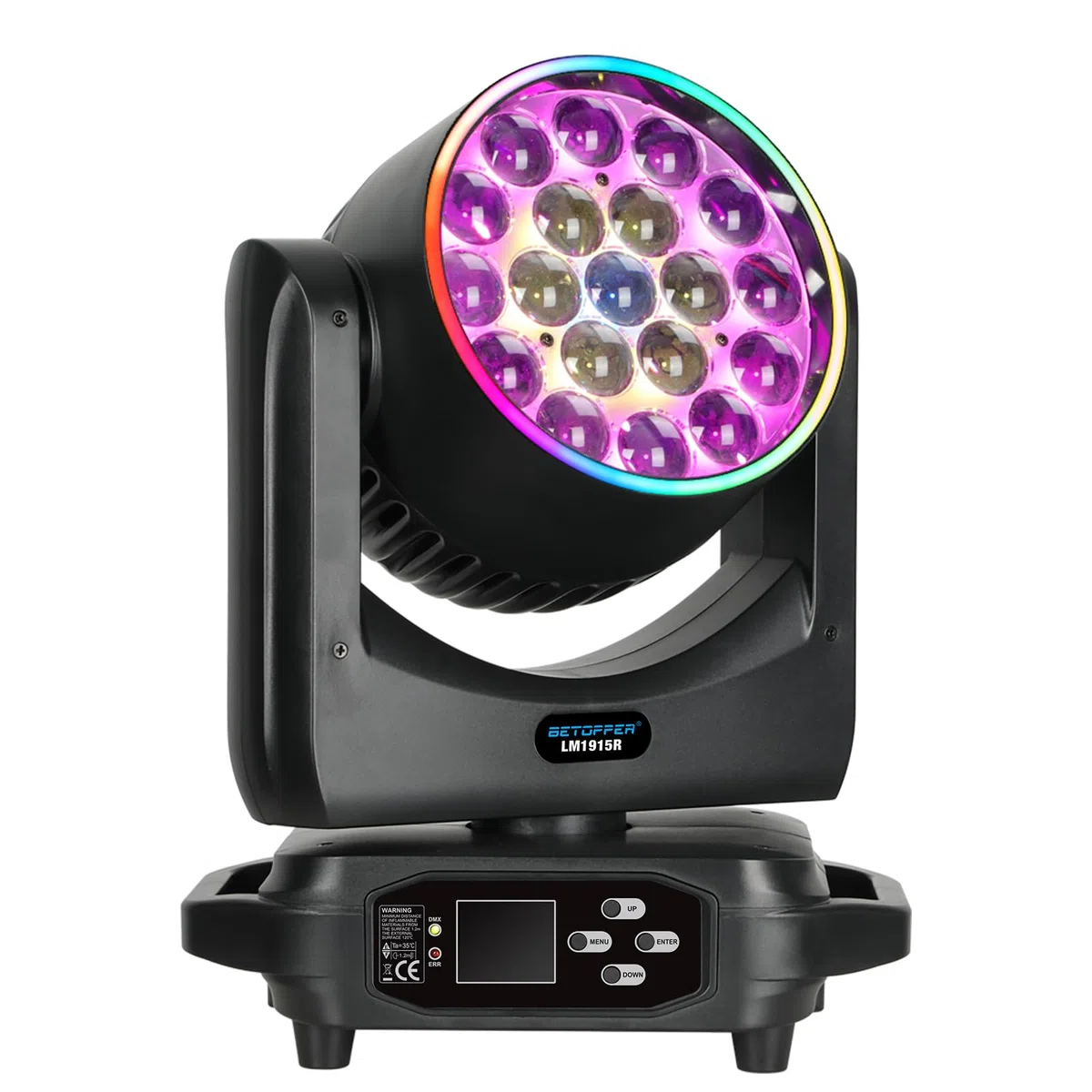 BETOPPER Lumière de Scène Lyre LED Moving Head Lampe 19x15W RGBW DMX 4 en 1 Éclairage de Scène Projecteur DJ avec Effets de Bande Lumineuse, Mariages, Fêtes, Clubs (Onesize)