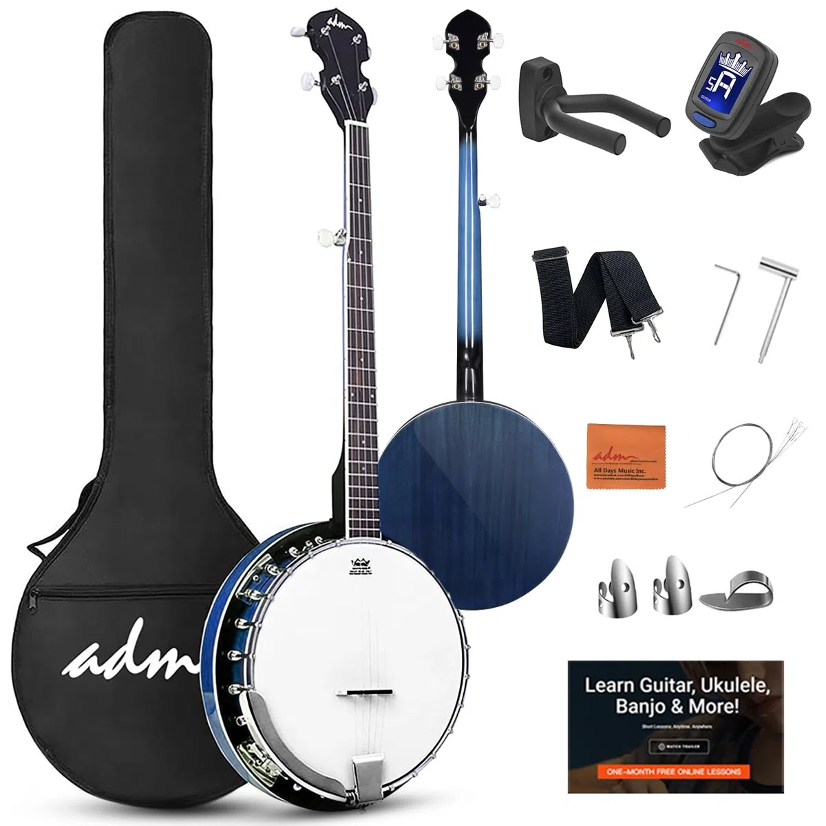 ADM Kit de banjo pour débutant à 5 cordes avec tête Remo, banjos à dos fermé avec 24 supports avec leçons gratuites et accessoires de démarrage pour adultes et adolescents bleu