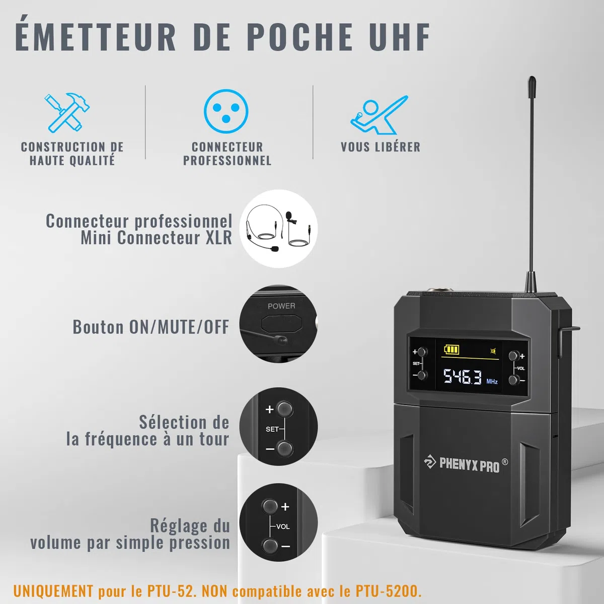 Phenyx Pro Système de Microphone sans Fil UHF avec 2x30 fréquences, Ensemble de micros sans Fil en métal, 2 Packs de Corps et Casques/Microphones à Revers pour Karaoke, Chant, église, DJ (PTU-52-2B)