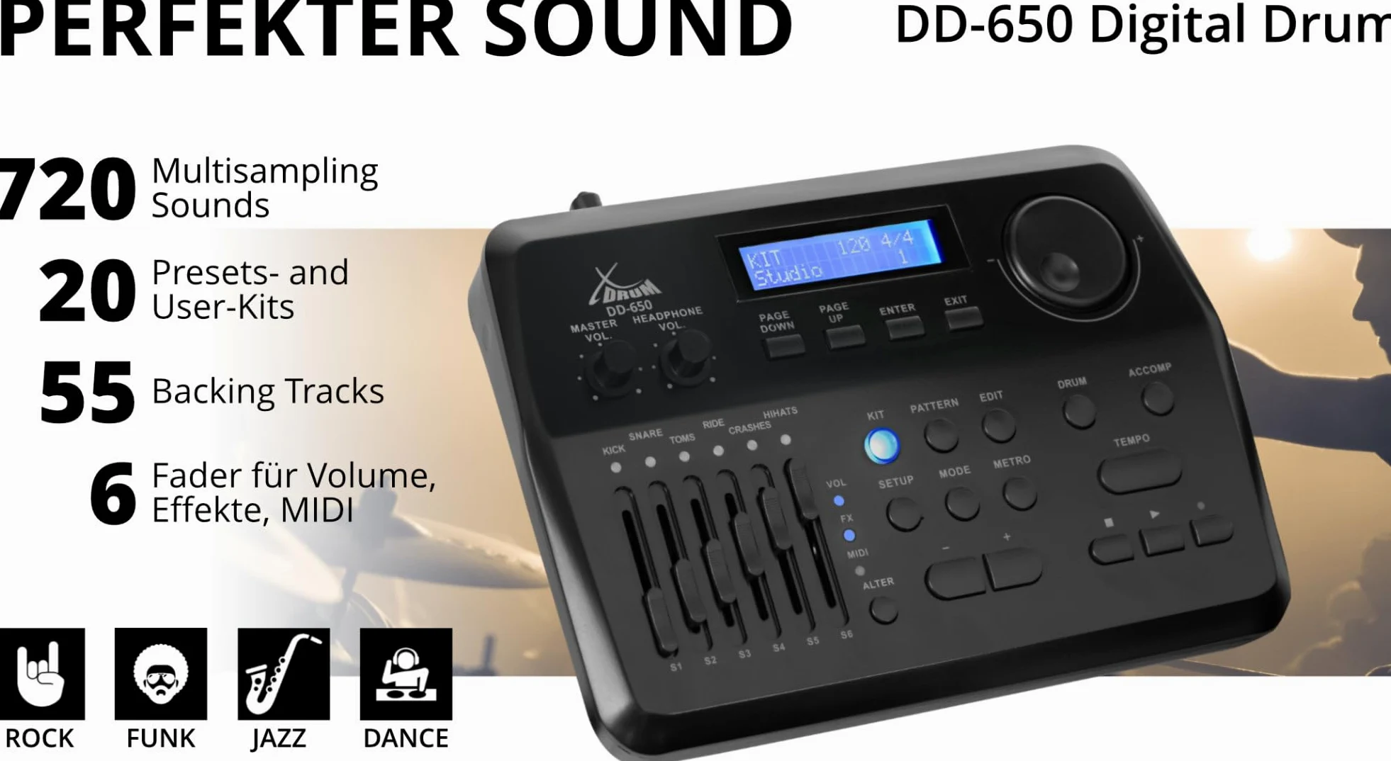 XDrum DD-670 Mesh E-Drum Kit - batterie électronique avec vraie HiHat - pads en bois avec peaux mesh - 720 sons - incluant hardware, tabouret, monitor, câbles et baguettes - Black Sparkle