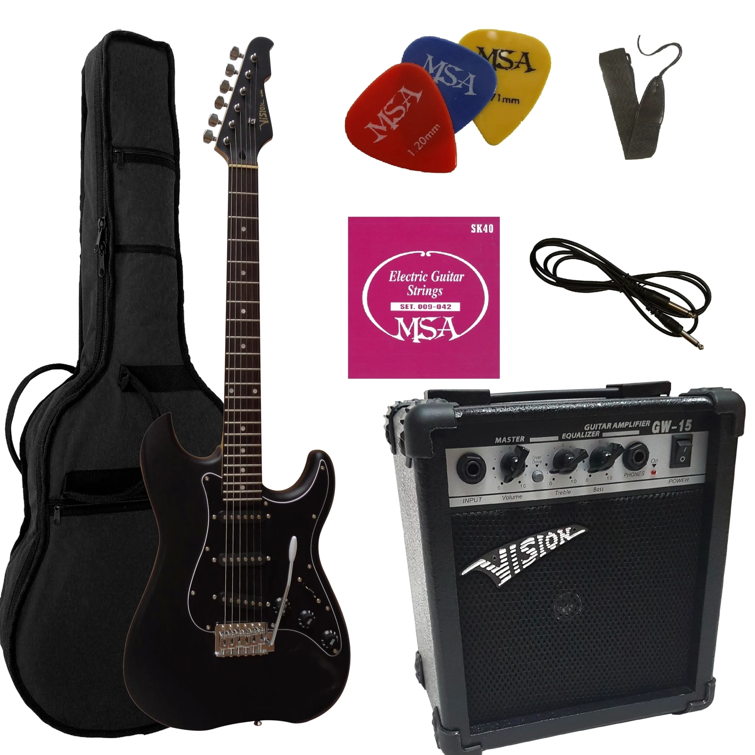4/4 guitare electrique noir mat, Ensemble avec amplificateur 20 watts, sac, cordes, plectre