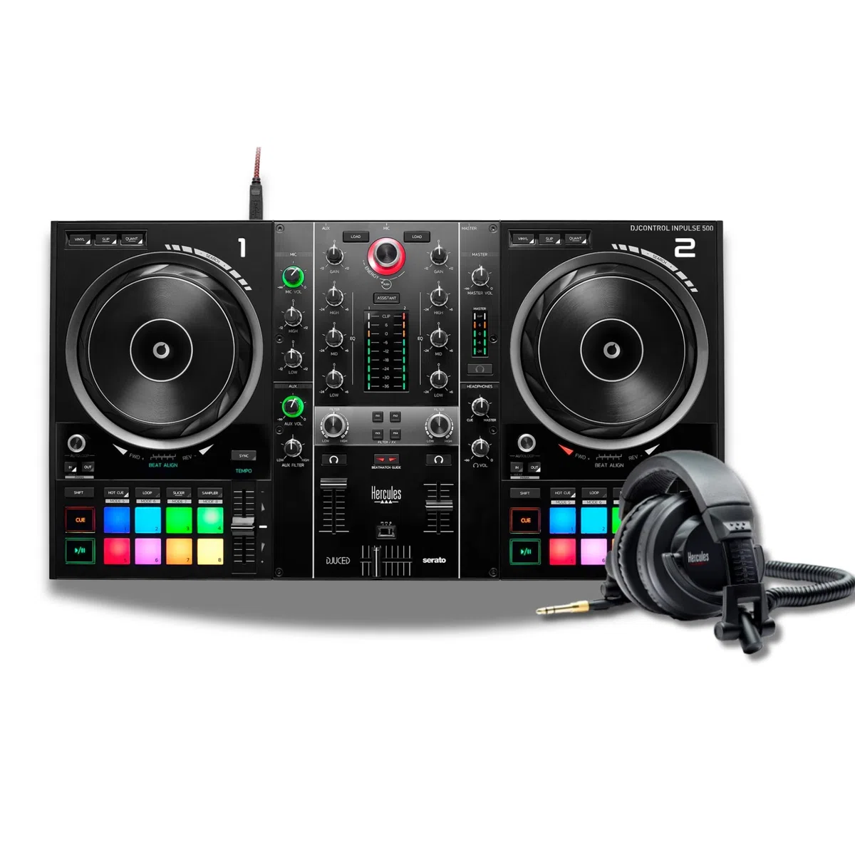 Hercules DJControl Inpulse 500 – Contrôleur DJ USB 2 voies pour Serato DJ Lite et DJUCED + Hercules HDP DJ45 - Casques fermés pour DJ