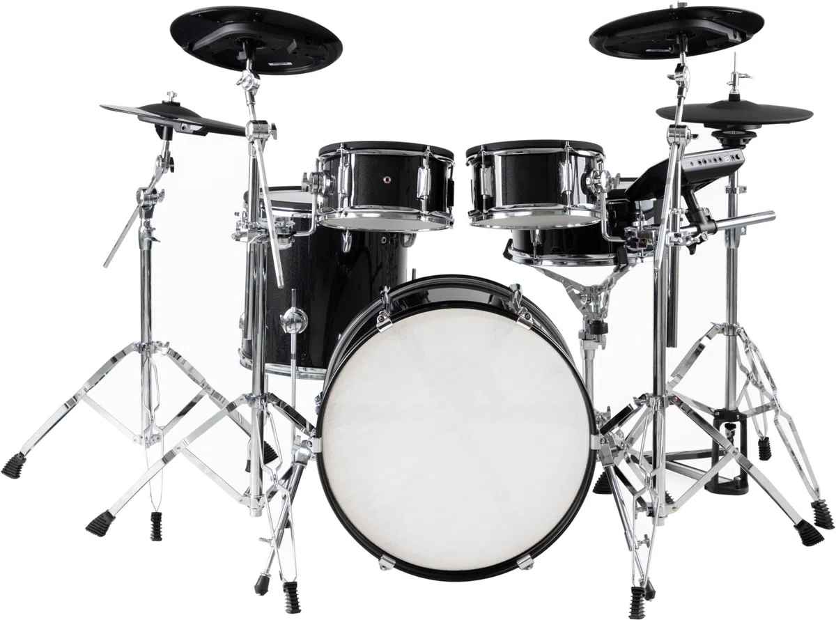 XDrum DD-670 Mesh E-Drum Kit - batterie électronique avec vraie HiHat - pads en bois avec peaux mesh - 720 sons - incluant hardware, tabouret, monitor, câbles et baguettes - Black Sparkle
