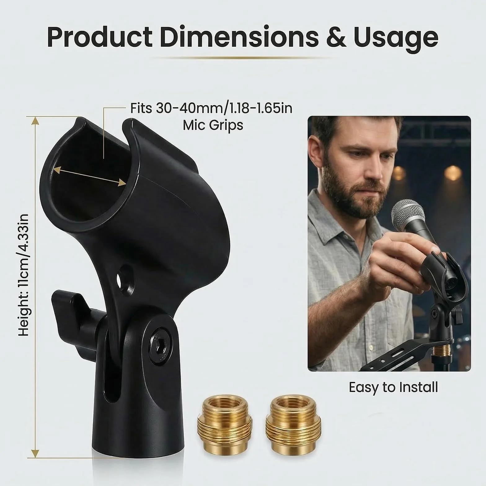 Supports de Microphone Universel Lot de 2, Clip Réglable 180° Antidérapant, Adaptateur 5/8" vers 3/8", Pince Microphone Noir
