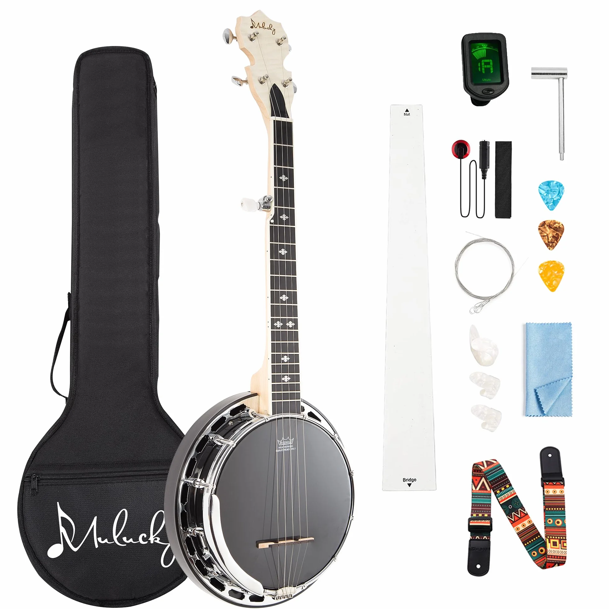 Mulucky Mini Banjo 5 Cordes 71,1 cm Tête Remo Résonateur 5ème Accordeur Engrenage Kit Démarrage Sangle Clé Règle Média