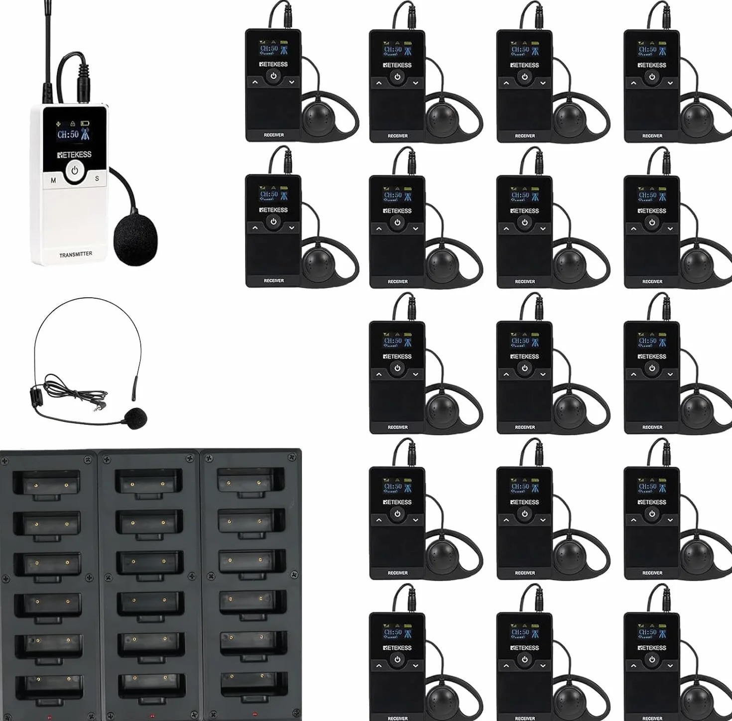 Retekess TT116 Tour Guide System, Système de Guide Touristique sans Fil, Réduction du Bruit, 200M, Systèmes Whisper avec Chargeur 18 Ports pour Usine, Voyage, Université (1 Emetteur 17 Récepteurs)