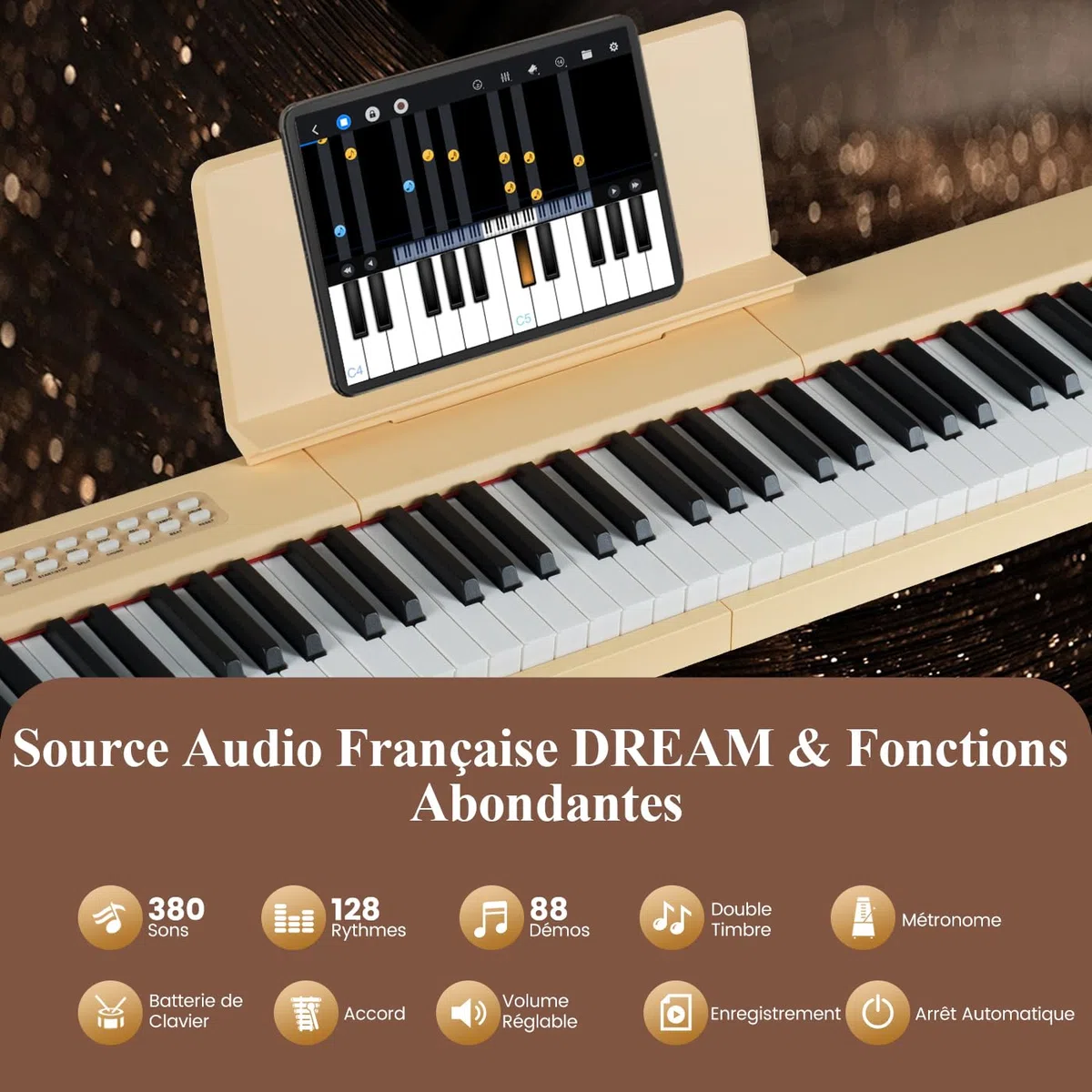 DREAMADE Clavier de Numérique 88 Touches, Clavier de Piano Électrique Portable avec Multiples Sources Audio, MIDI, Pédale, Pupitre, Adaptateur et Batterie Rechargeable (Jaune)