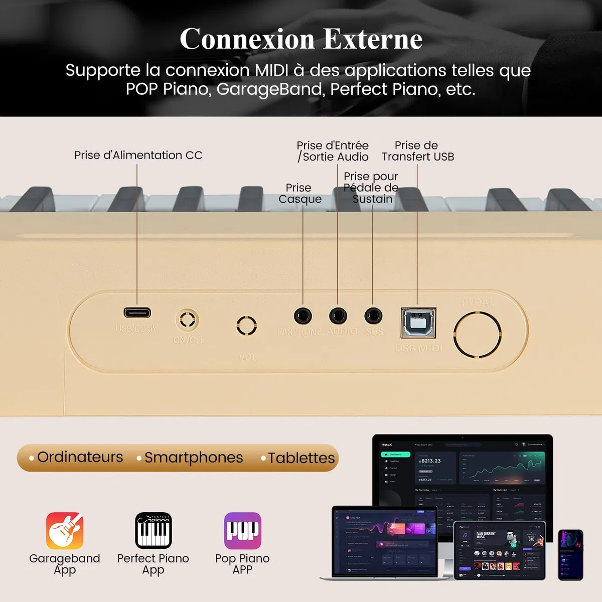 DREAMADE Clavier de Numérique 88 Touches, Clavier de Piano Électrique Portable avec Multiples Sources Audio, MIDI, Pédale, Pupitre, Adaptateur et Batterie Rechargeable (Jaune)