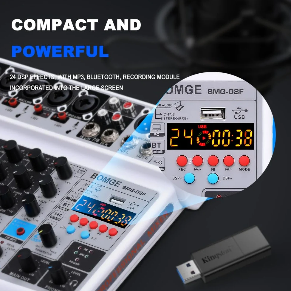 BOMGE Mini Mixeur Audio 8 Canaux, DC 5 V, MP3 Lecteur, Bluetooth, U Disque 48 V, 24DSP Effets, Enregistrement USB, Idéal pour Petits Clubs ou Bars, Studio Enregistrement