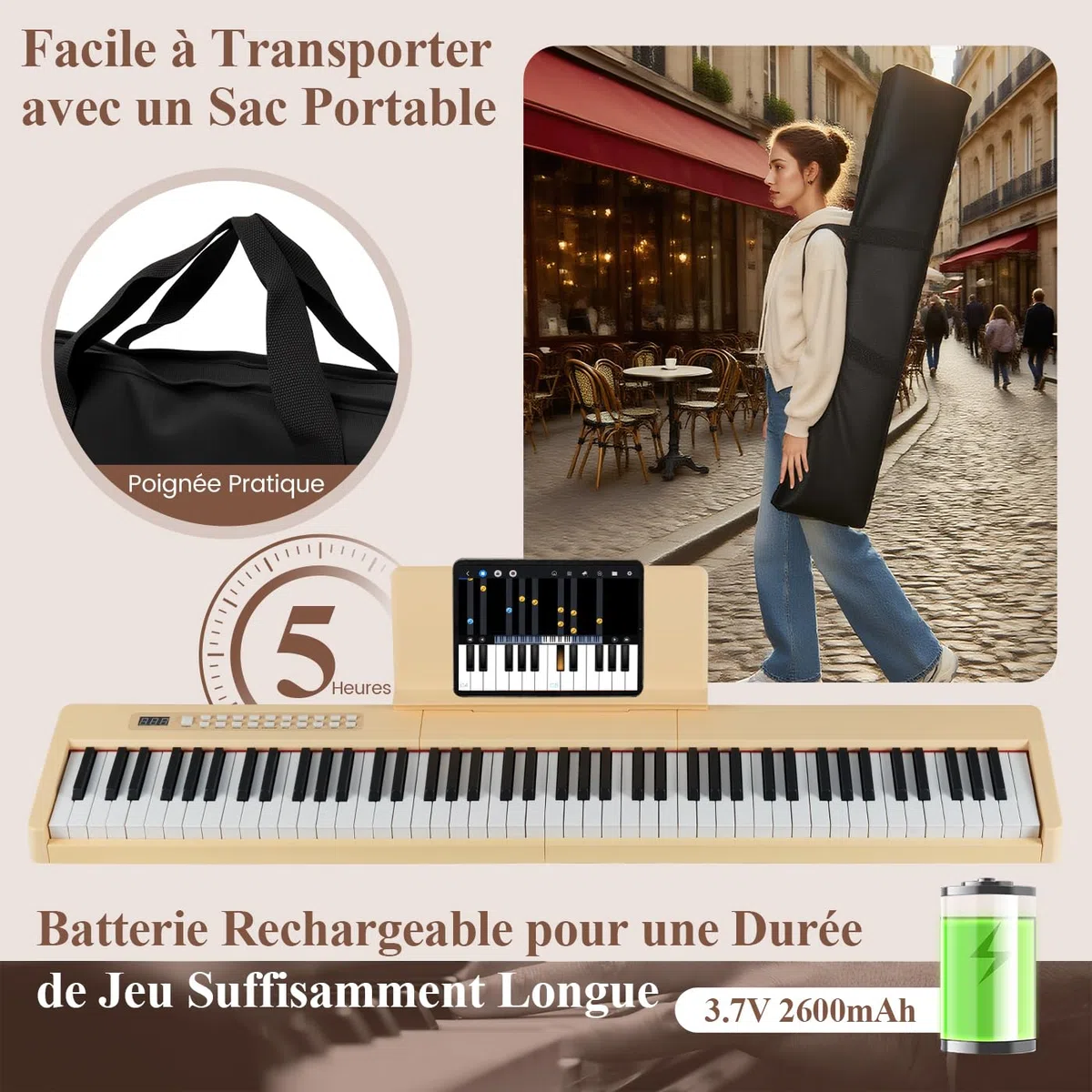 DREAMADE Clavier de Numérique 88 Touches, Clavier de Piano Électrique Portable avec Multiples Sources Audio, MIDI, Pédale, Pupitre, Adaptateur et Batterie Rechargeable (Jaune)