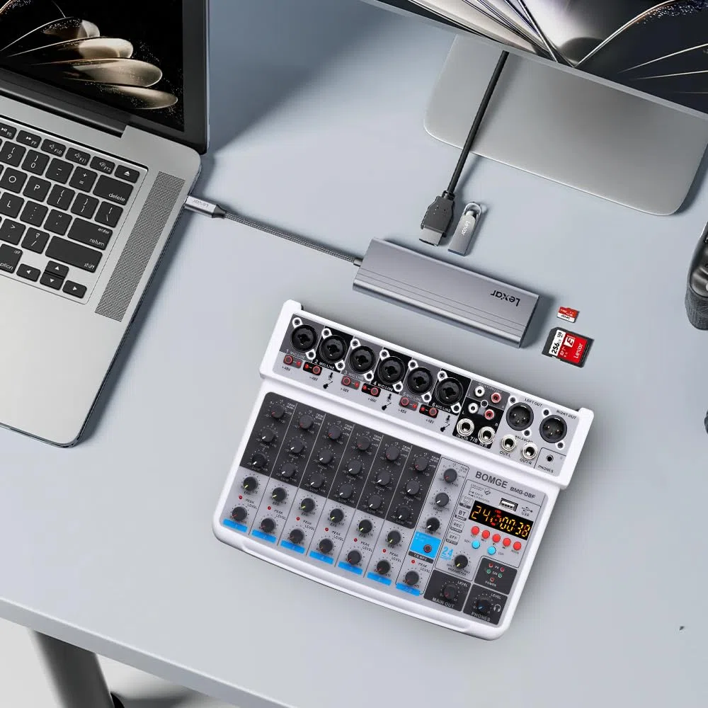 BOMGE Mini Mixeur Audio 8 Canaux, DC 5 V, MP3 Lecteur, Bluetooth, U Disque 48 V, 24DSP Effets, Enregistrement USB, Idéal pour Petits Clubs ou Bars, Studio Enregistrement