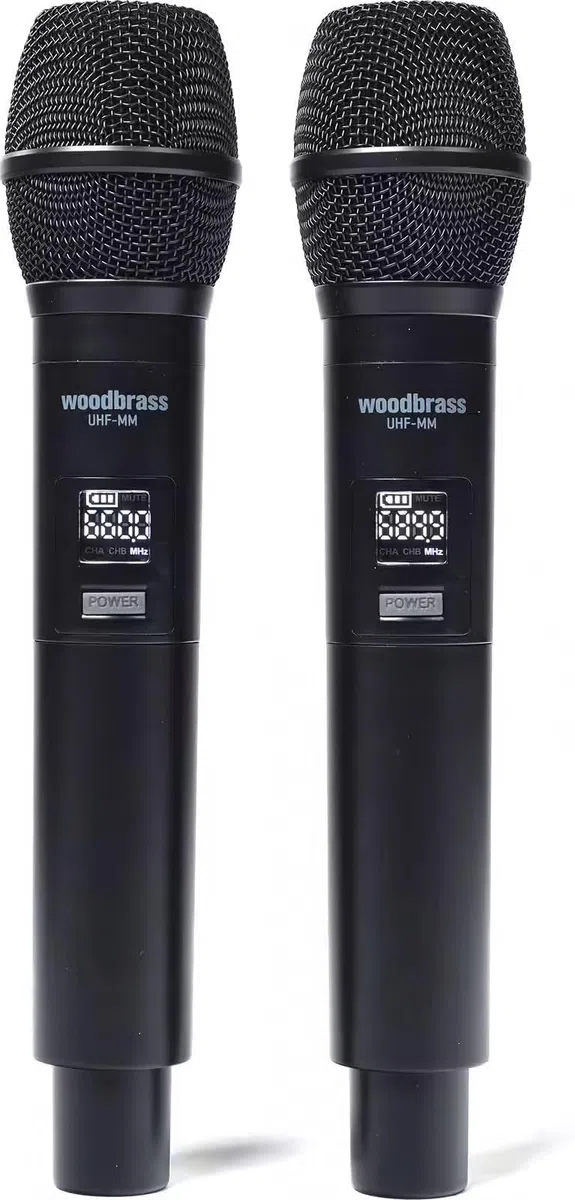 WOODBRASS Microphone sans Fil Système 2 x Micro UHF Multi fréquences - Portable Micros à Main pour Karaoké, Professionnel, DJ, Animation, Mariage, Conférence (UHF-2M-MULTI)