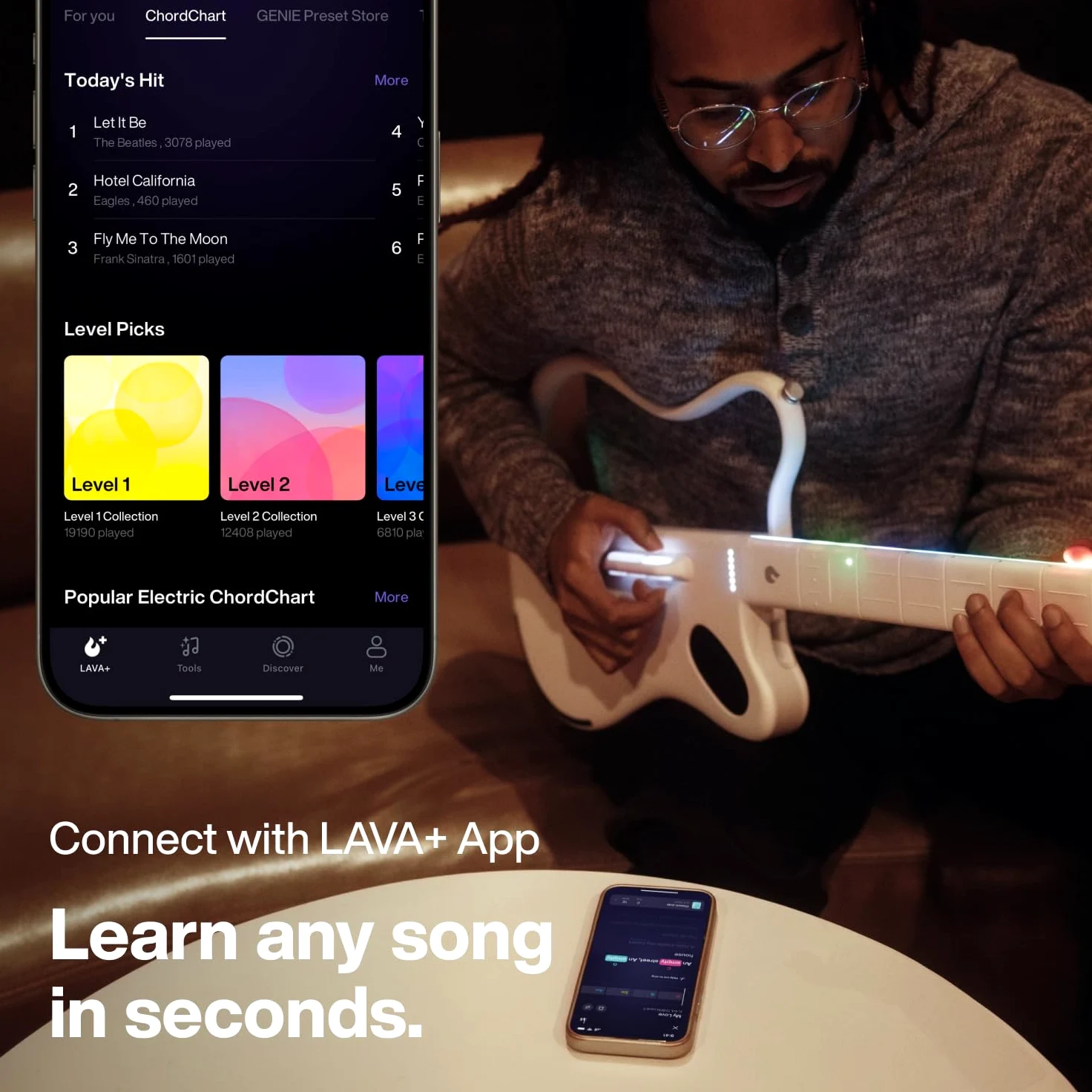 LAVA GENIE Guitare Sampler, Sans Cordes, Des centaines de Préréglages d'instruments, Haut-parleur intégré, Pliable, Amovible, Blanc, 30,5 Pouces