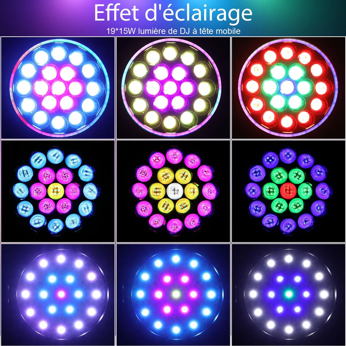 BETOPPER Lumière de Scène Lyre LED Moving Head Lampe 19x15W RGBW DMX 4 en 1 Éclairage de Scène Projecteur DJ avec Effets de Bande Lumineuse, Mariages, Fêtes, Clubs (Onesize)