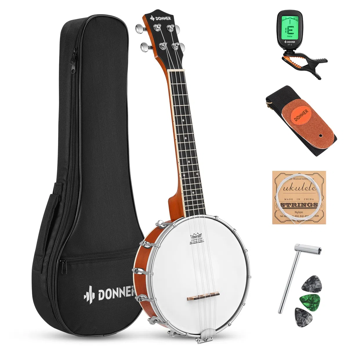 Donner DBU-200 Banjolele 4 cordes banjo ukulélé concert 58,3 cm Remo Sapele Peau de batterie avec sangle, médiators, cordes, sac de transport, accordeur, barre de réglage et règle
