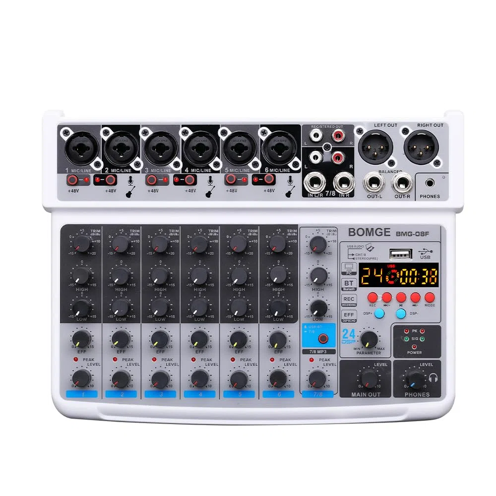 BOMGE Mini Mixeur Audio 8 Canaux, DC 5 V, MP3 Lecteur, Bluetooth, U Disque 48 V, 24DSP Effets, Enregistrement USB, Idéal pour Petits Clubs ou Bars, Studio Enregistrement