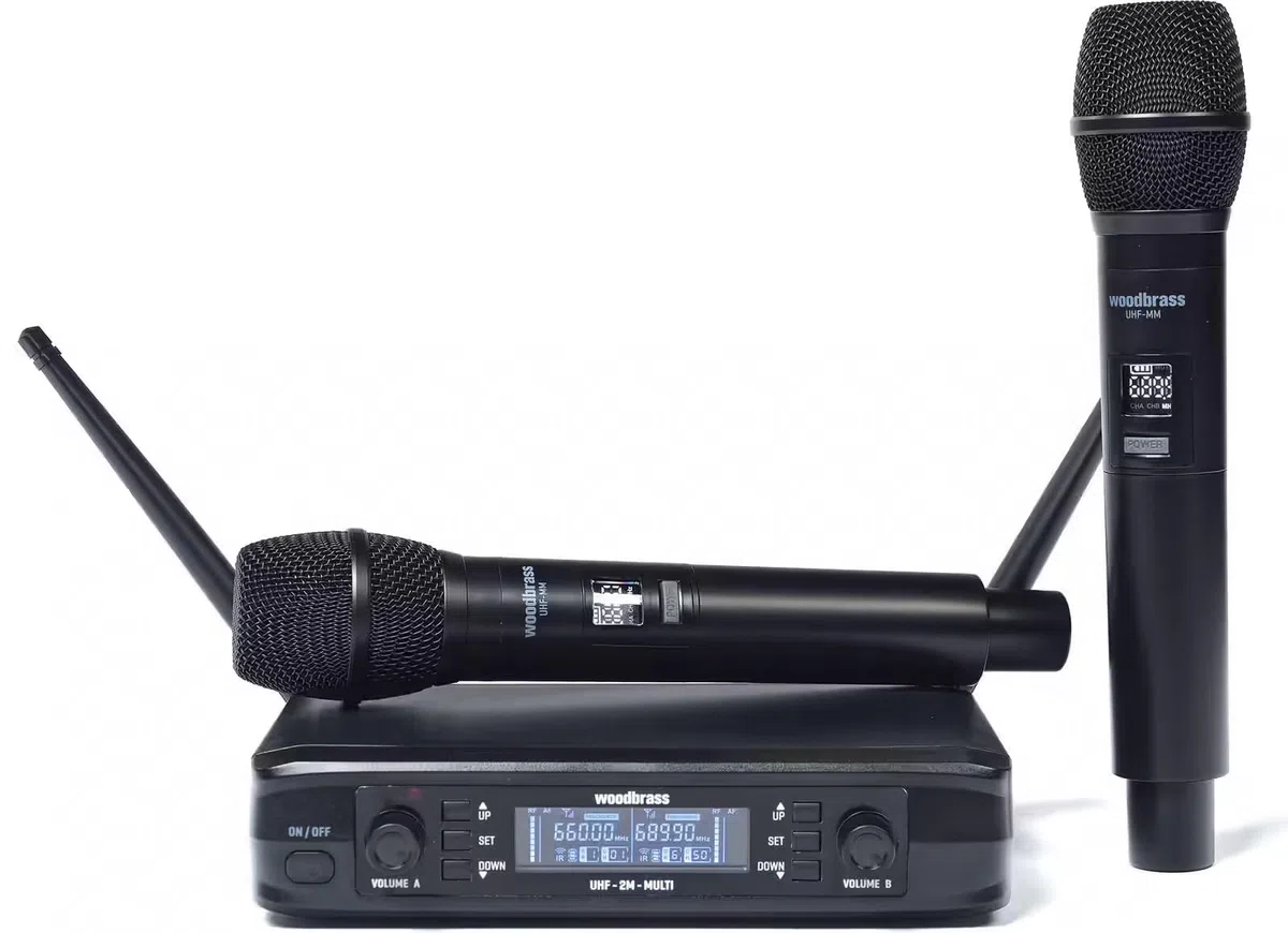 WOODBRASS Microphone sans Fil Système 2 x Micro UHF Multi fréquences - Portable Micros à Main pour Karaoké, Professionnel, DJ, Animation, Mariage, Conférence (UHF-2M-MULTI)