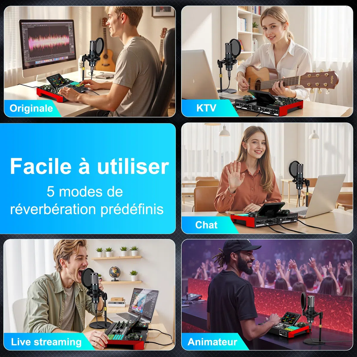 G10 Kit Podcast avec Micro Condenseur P15 et Table de Mixage Live Sound Board - Changeur de Voix, Réduction de Bruit, Mode Follow Singing Karaoké pour Streaming, Gaming, Chant, Podcast Débutant