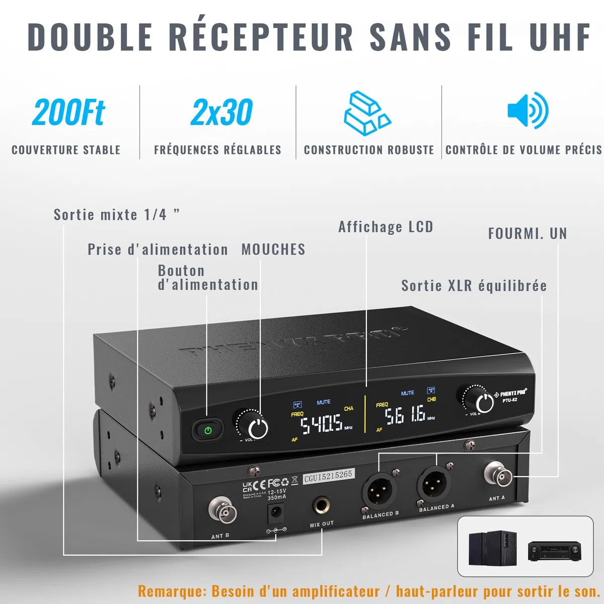 Phenyx Pro Système de Microphone sans Fil UHF avec 2x30 fréquences, Ensemble de micros sans Fil en métal, 2 Packs de Corps et Casques/Microphones à Revers pour Karaoke, Chant, église, DJ (PTU-52-2B)