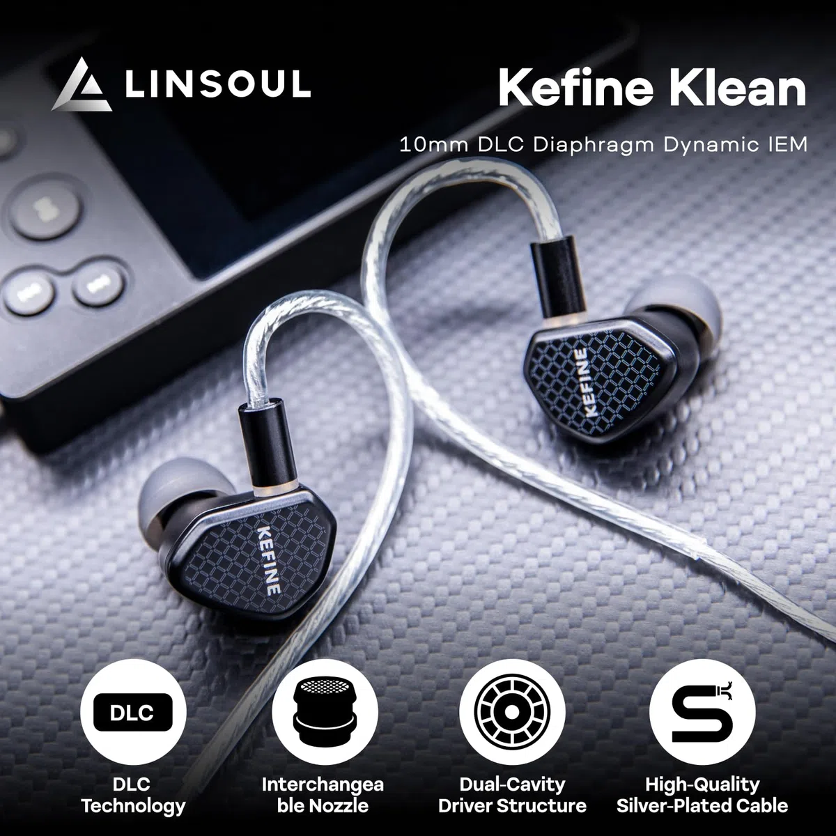Linsoul Kefine Klean Écouteurs Intra-Auriculaires,HiFi IEM à diaphragme DLC de 10 mm,Écouteurs de Jeu filaires,Câble Amovible plaqué Argent pour Audiophile (sans Micro 3,5 mm, Noir)