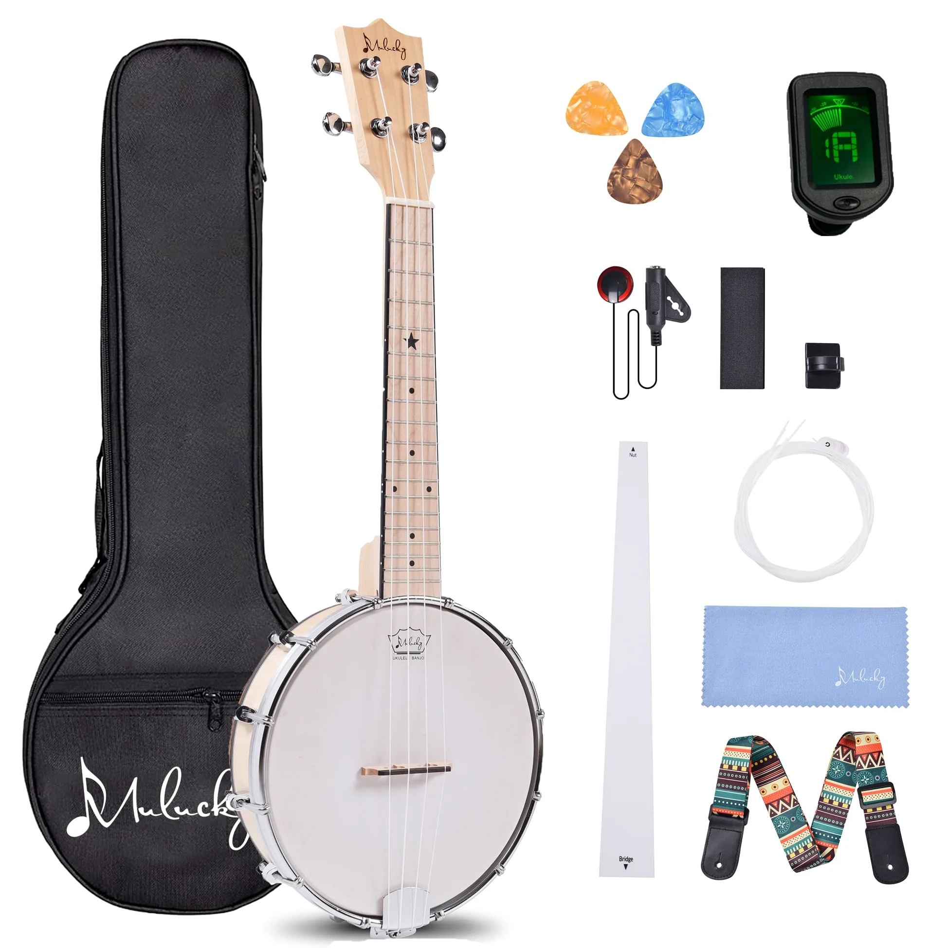 Mulucky Banjolele MBU-807 Ukulélé banjo à 4 cordes Taille concert 58,4 cm Dos en bois massif fermé Kit débutant avec barre de réglage Sac de transport Tuner Sangle Picks