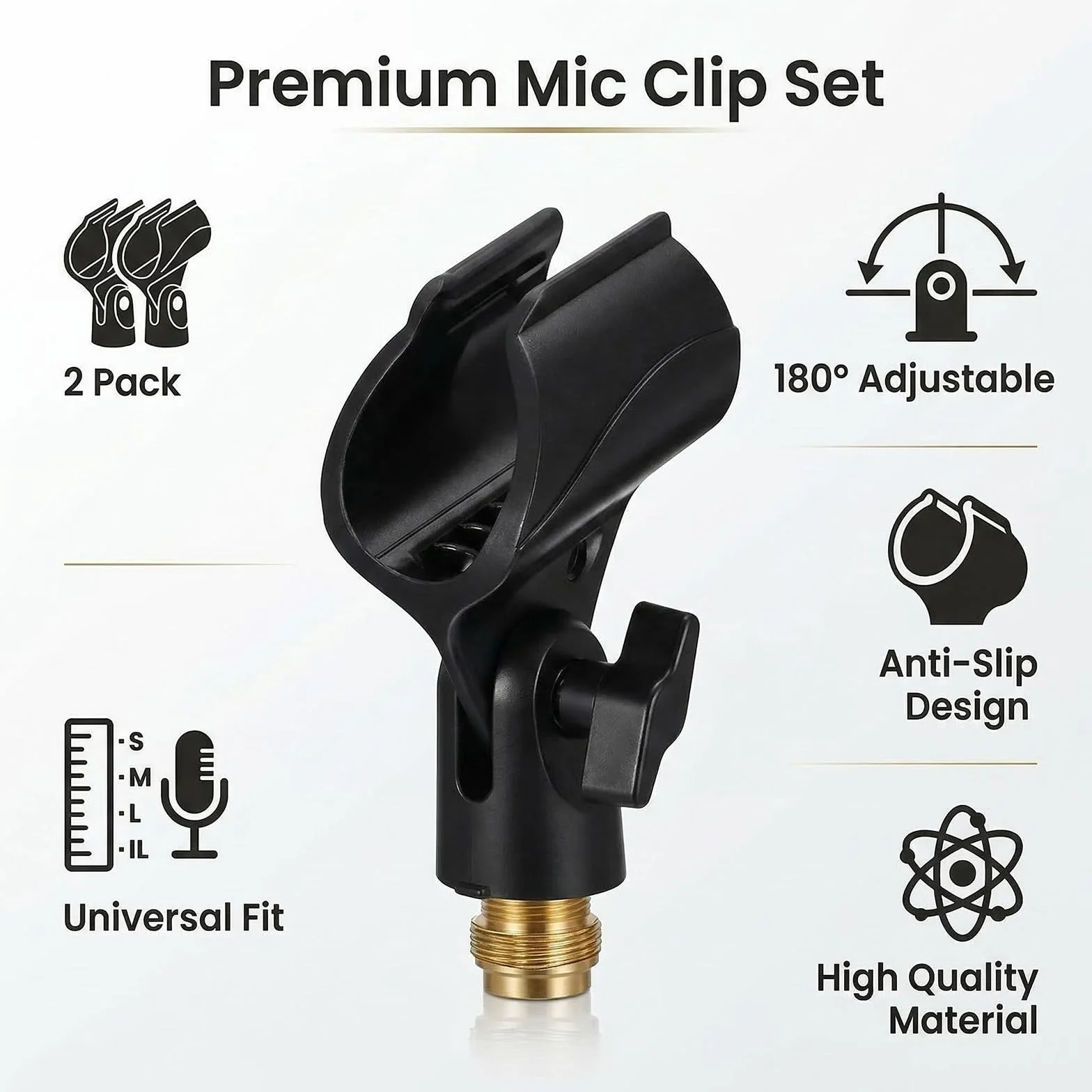 Supports de Microphone Universel Lot de 2, Clip Réglable 180° Antidérapant, Adaptateur 5/8" vers 3/8", Pince Microphone Noir