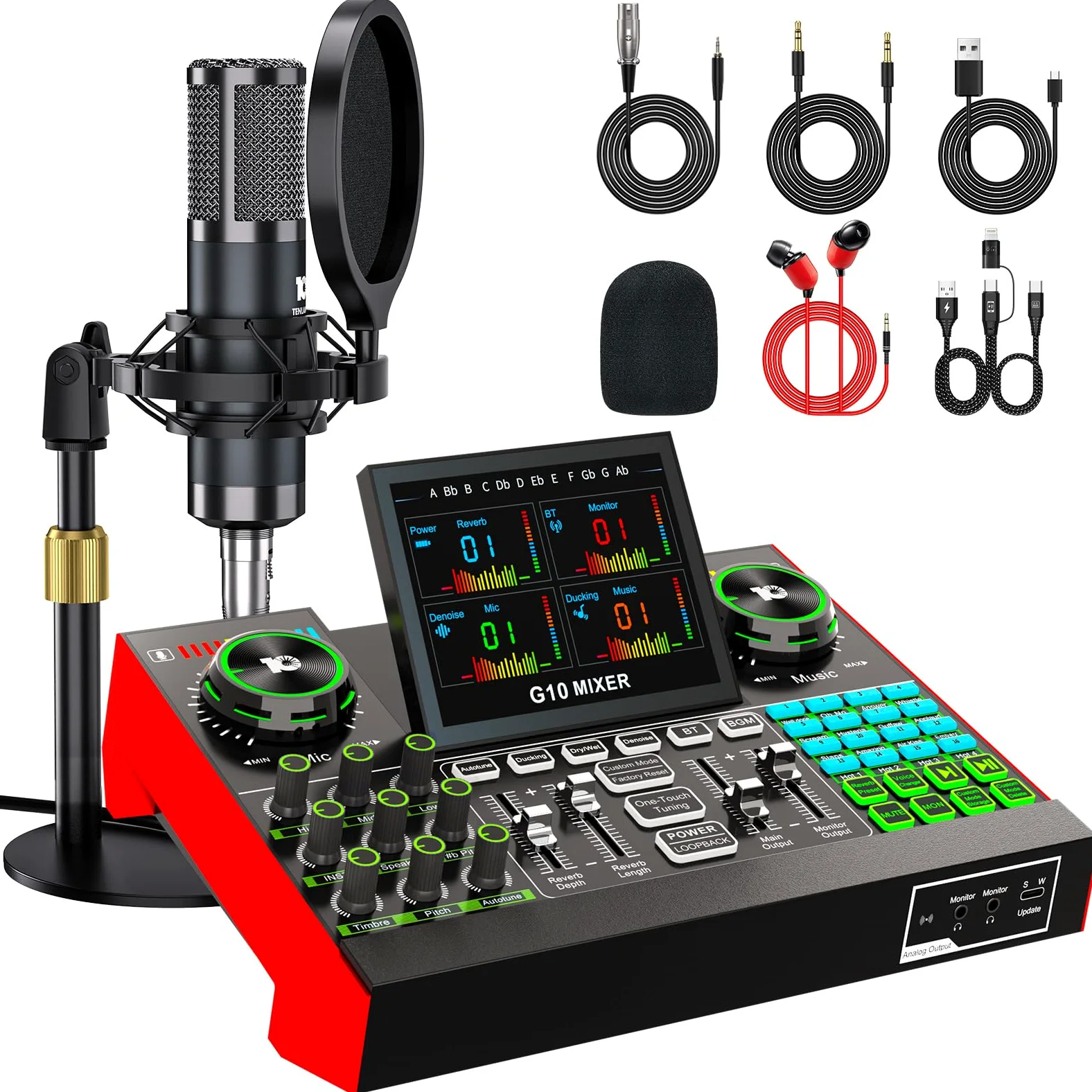 G10 Kit Podcast avec Micro Condenseur P15 et Table de Mixage Live Sound Board - Changeur de Voix, Réduction de Bruit, Mode Follow Singing Karaoké pour Streaming, Gaming, Chant, Podcast Débutant