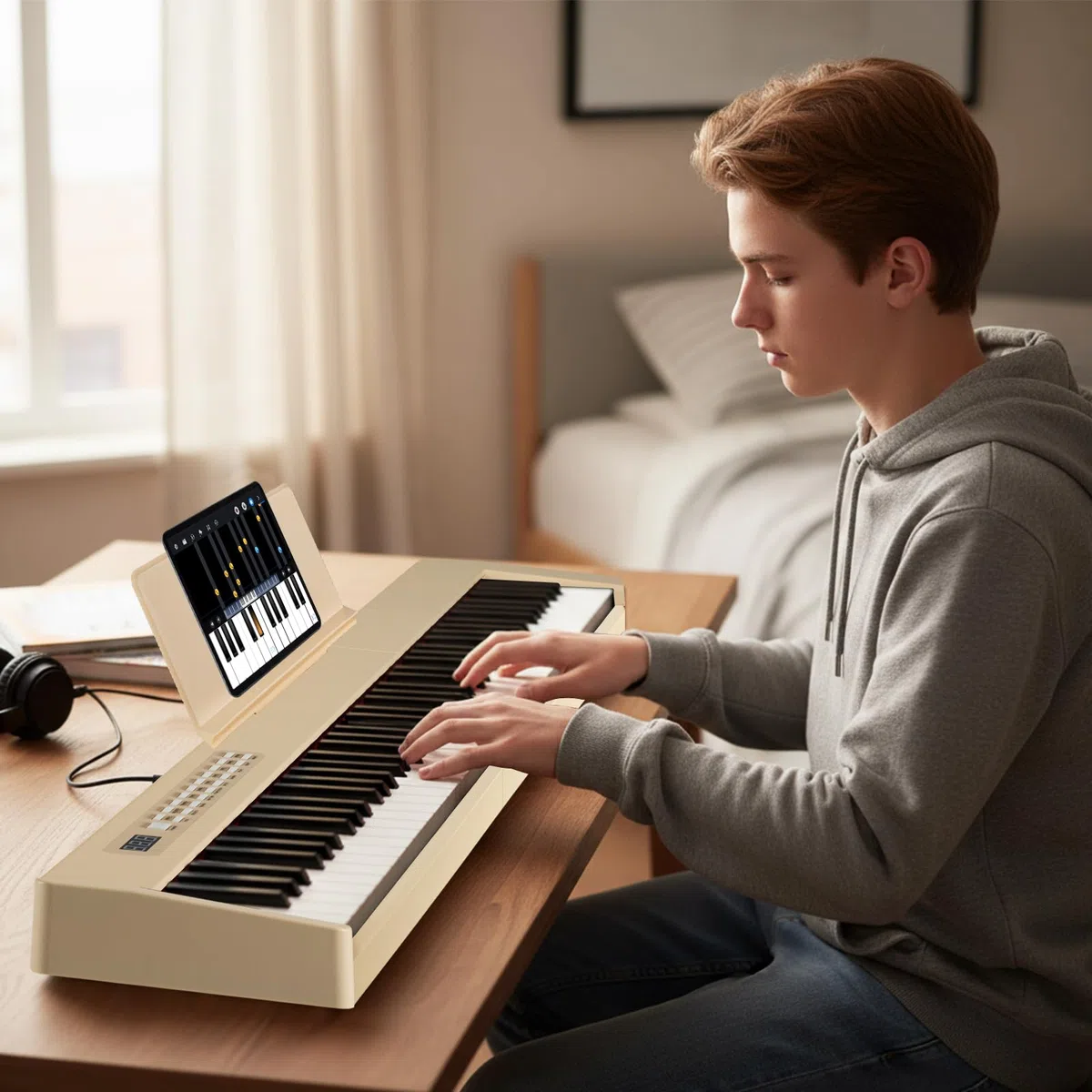 DREAMADE Clavier de Numérique 88 Touches, Clavier de Piano Électrique Portable avec Multiples Sources Audio, MIDI, Pédale, Pupitre, Adaptateur et Batterie Rechargeable (Jaune)